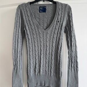 American Eagle Gray V-Neck Cable Knit Sweater